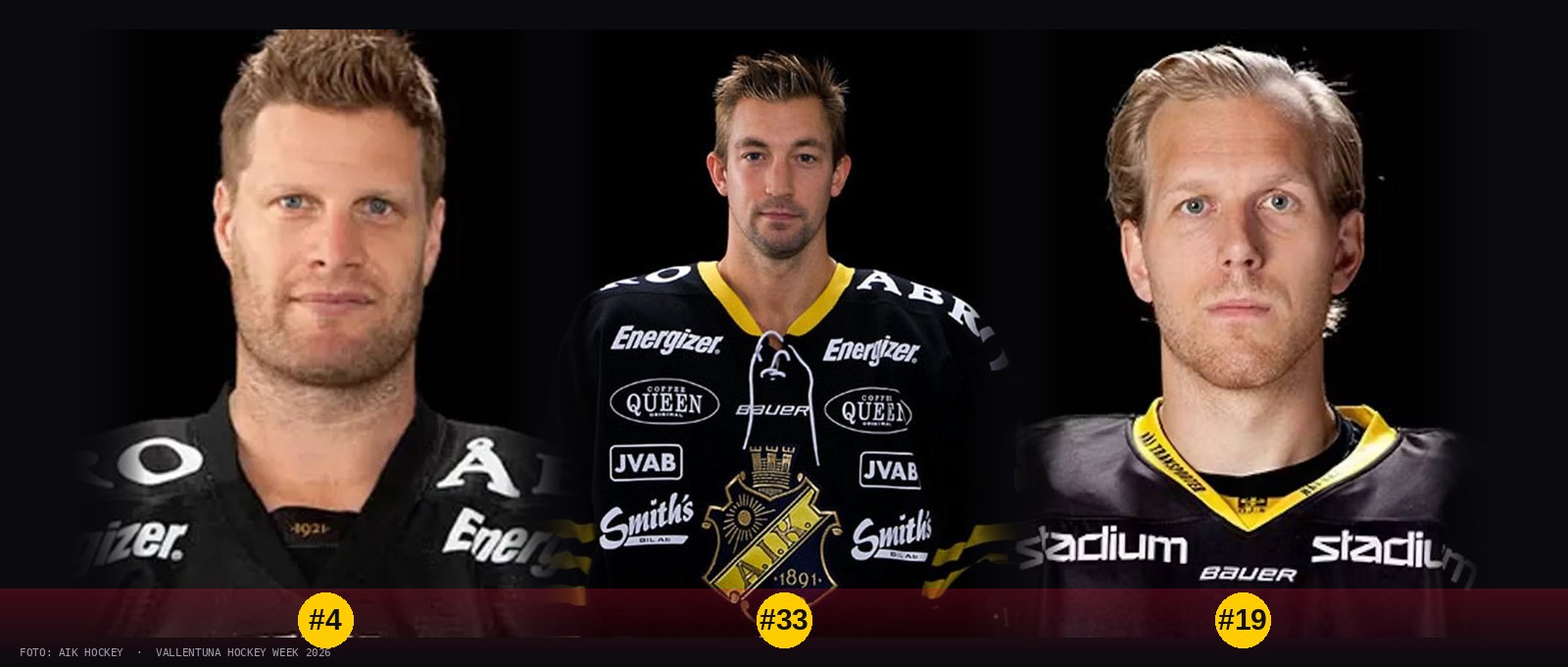 Fredrik Svensson #4, David Engblom #33 och Tobbe Ericsson #19 — tre gamla AIK-spelare bakom baren under HockeyWeek